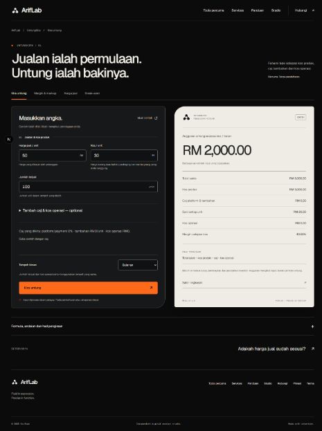 Paparan tool ArifLab: Cara kira untung selepas packaging dan caj platform