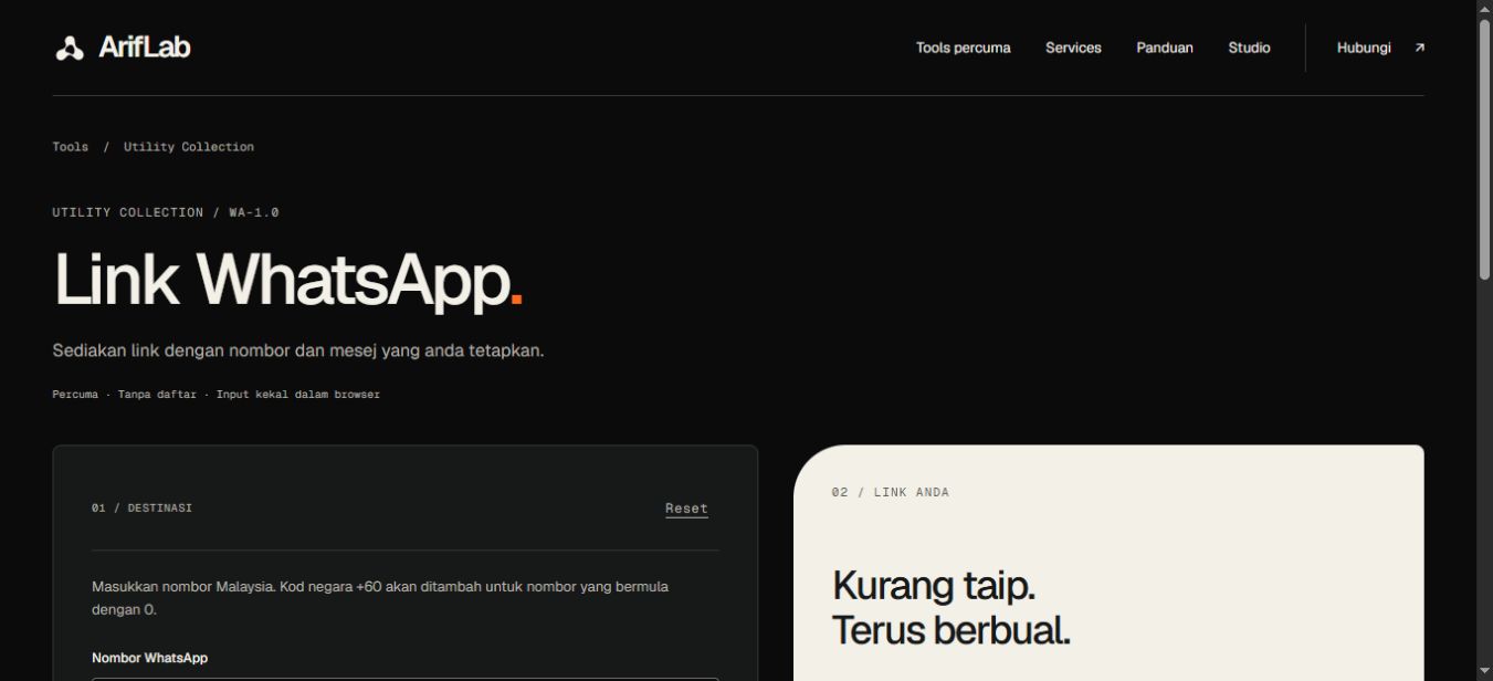 Paparan tool ArifLab: Cara buat WhatsApp link dengan mesej siap